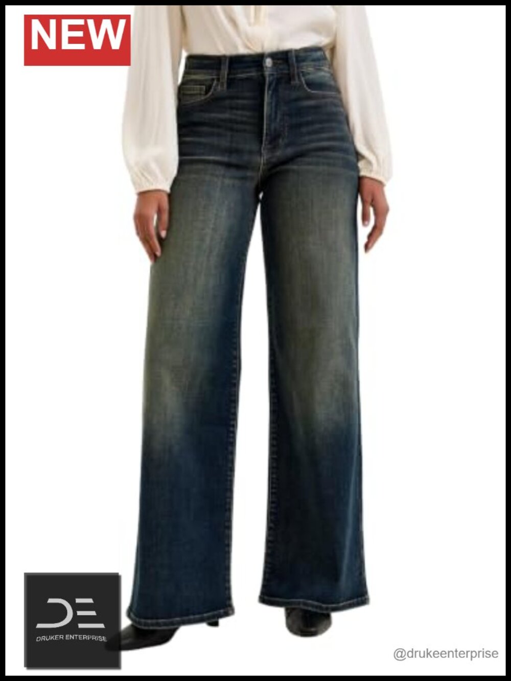 High Waisted Retro Wide Leg Jeans with Adjustable Back Tab, Cotton Blend,